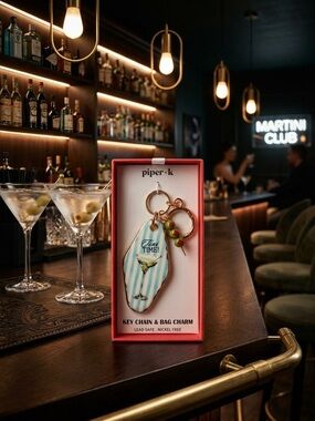 Piper Blue and Gold Striped 'Martini Time' Key Chain or Bag Charm